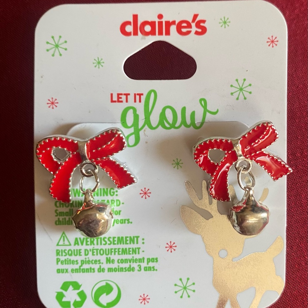 Claire’s Red Christmas Bow with bell Earrings new
